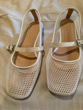 Women’s White Mesh Mary Jane Flats with Buckle Strap